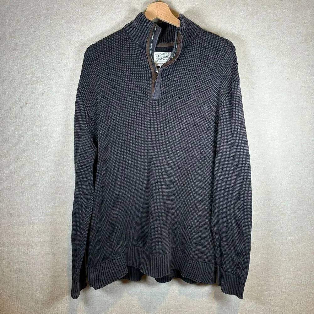 Lucky Brand Mens Washed & Worn Cotton Waffle Knit Sweater XXL Black Quarter Zip
